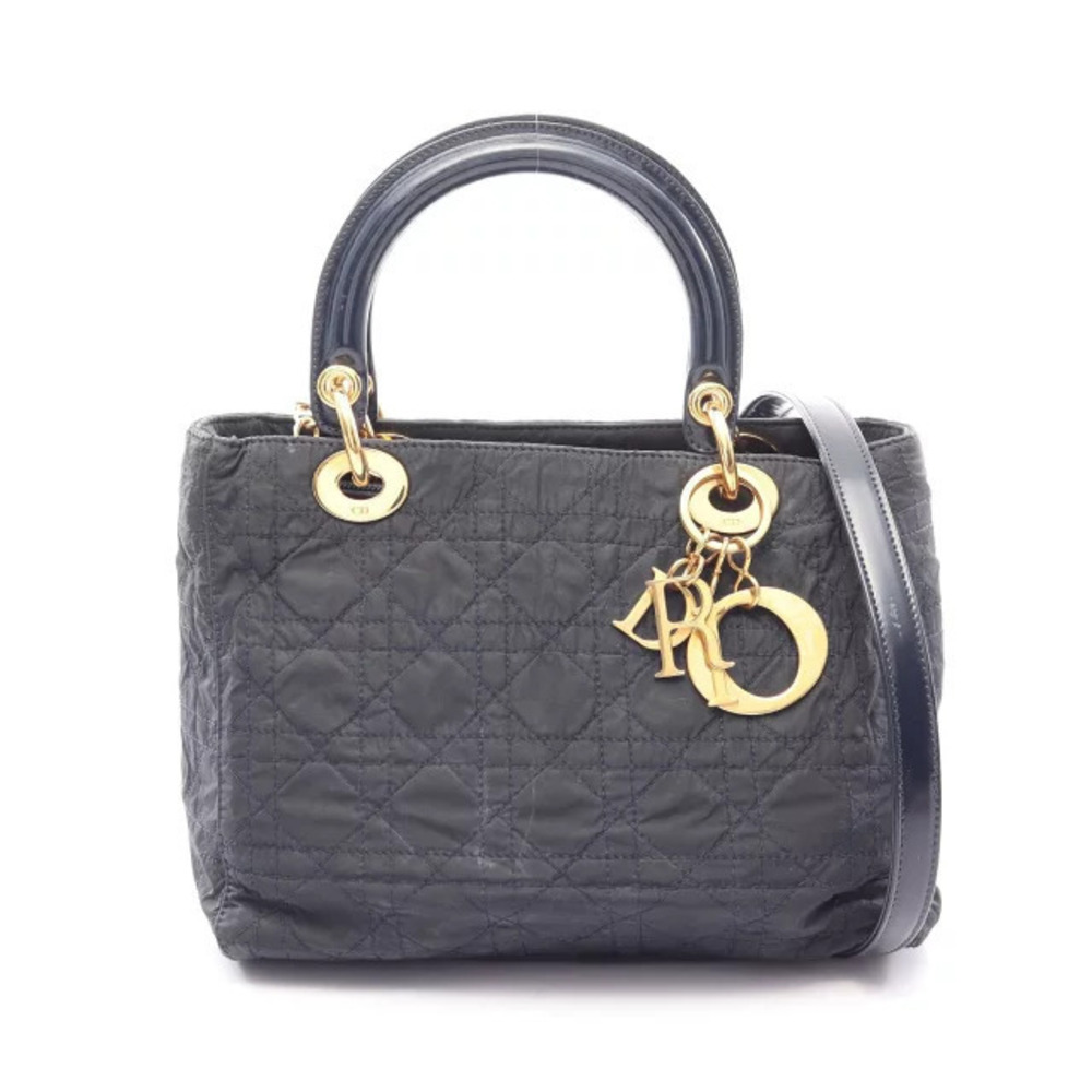 Christian Dior LADY Cannage Handbag Patent Vernis Leather Navy Blue